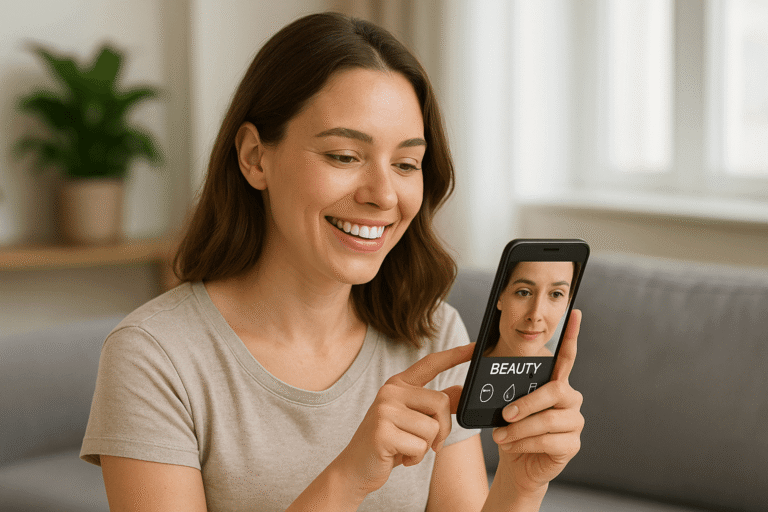 Mulher feliz usando um aplicativo de beleza no celular para cuidar da pele.