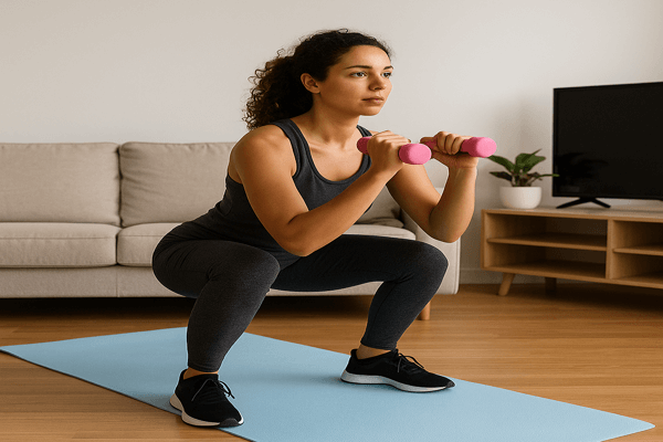 Mulher fazendo agachamento com halteres em uma rotina de exercícios em casa