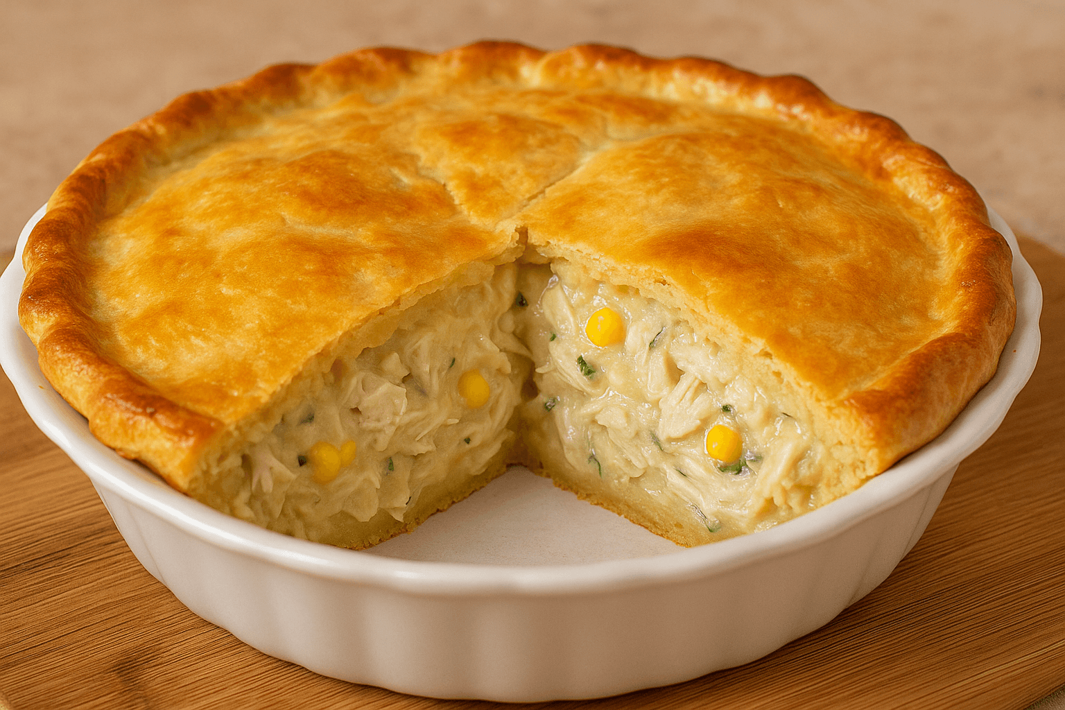 Torta de frango cremosa com recheio caseiro e massa dourada